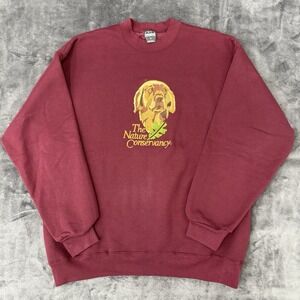 Vintage Animal Crewneck Men Medium Maroon Pullover Embroidered Dog Nature